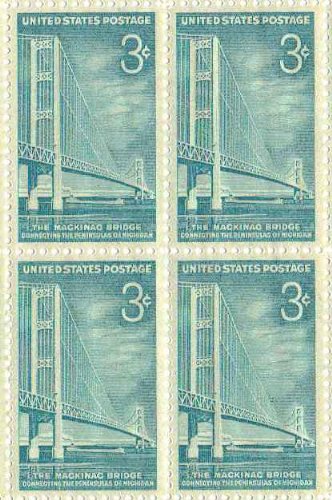 1958 Mackinac Bridge Block of 4 3cPostage Stamps, Scott1109, MNH, OG