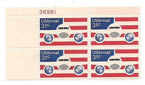 USA 1976 Plane, Globes, & Flag Plate Block of 4 Airmail Postage Stamps, Scott C90