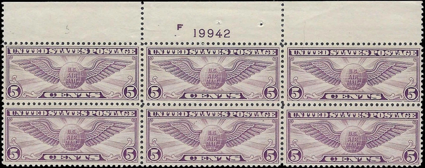 1930 USA Scott C12 Winged Globe Airmail Plate Block of 6 - MNH - Choice! -READ