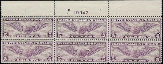 1930 USA Scott C12 Winged Globe Airmail Plate Block of 6 - MNH - Choice! -READ