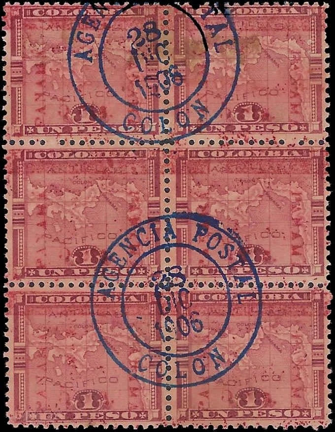 c1896 - Scott # 21 1p Panama Used Blk of 6 -Used