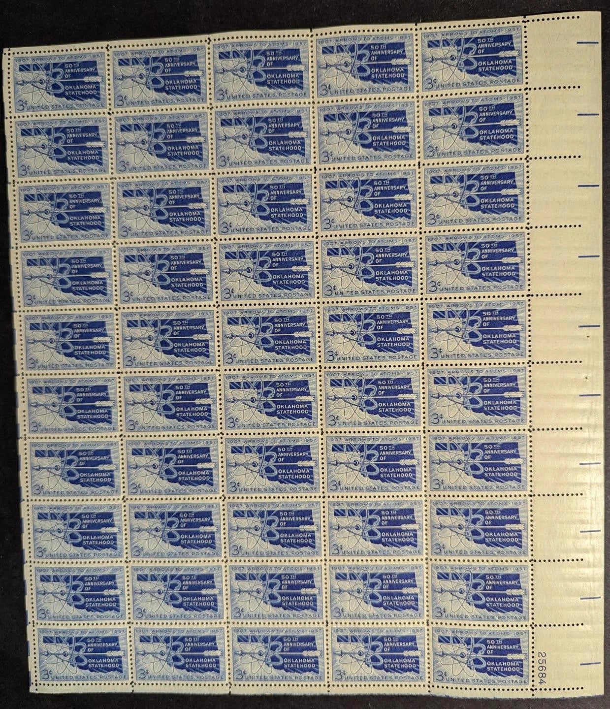 1957 USA 3c Oklahoma Sheet -Scott 1092 -MNH, Undisturbed OG -No Sig Flaws
