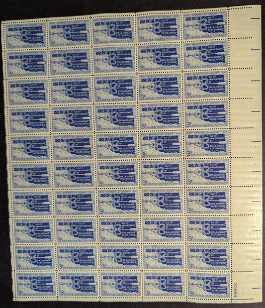 1957 USA 3c Oklahoma Sheet -Scott 1092 -MNH, Undisturbed OG -No Sig Flaws