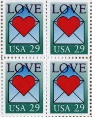 1992 Love Letter Block of 4 29c Postage Stamps, Scott2618, MNH, OG