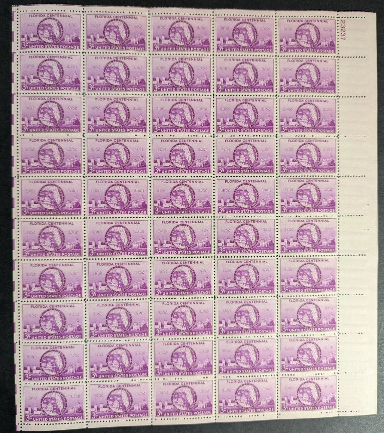 1945 USA Florida 3c Sheet -Scott 927 -MNH, Undisturbed OG - No Sig Flaws