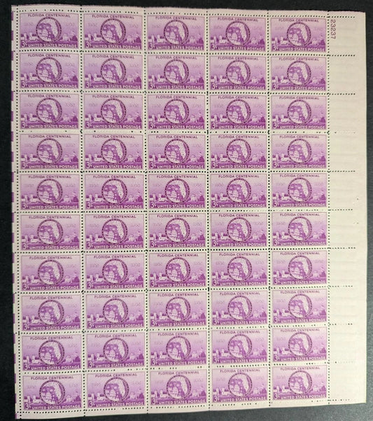1945 USA Florida 3c Sheet -Scott 927 -MNH, Undisturbed OG - No Sig Flaws