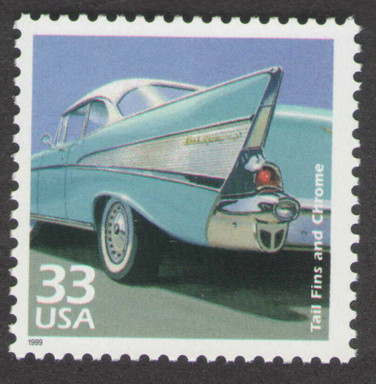 1999 The 1950s Classic Cars tail fins chrome Single 33c Stamp, Scott3187g, MNH, OG