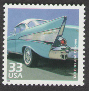 1999 The 1950s Classic Cars tail fins chrome Single 33c Stamp, Sc#3187g, MNH, OG