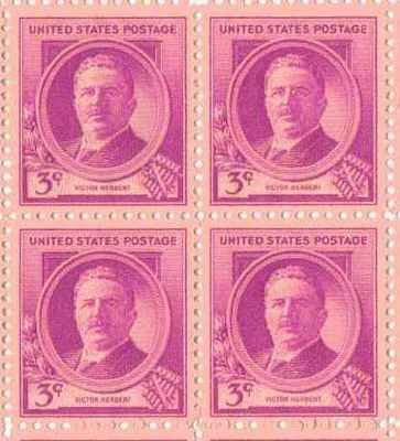 1940 Famous Americans Victor Herbert Composer Block of 4 3c Stamps, Scott881, MNH