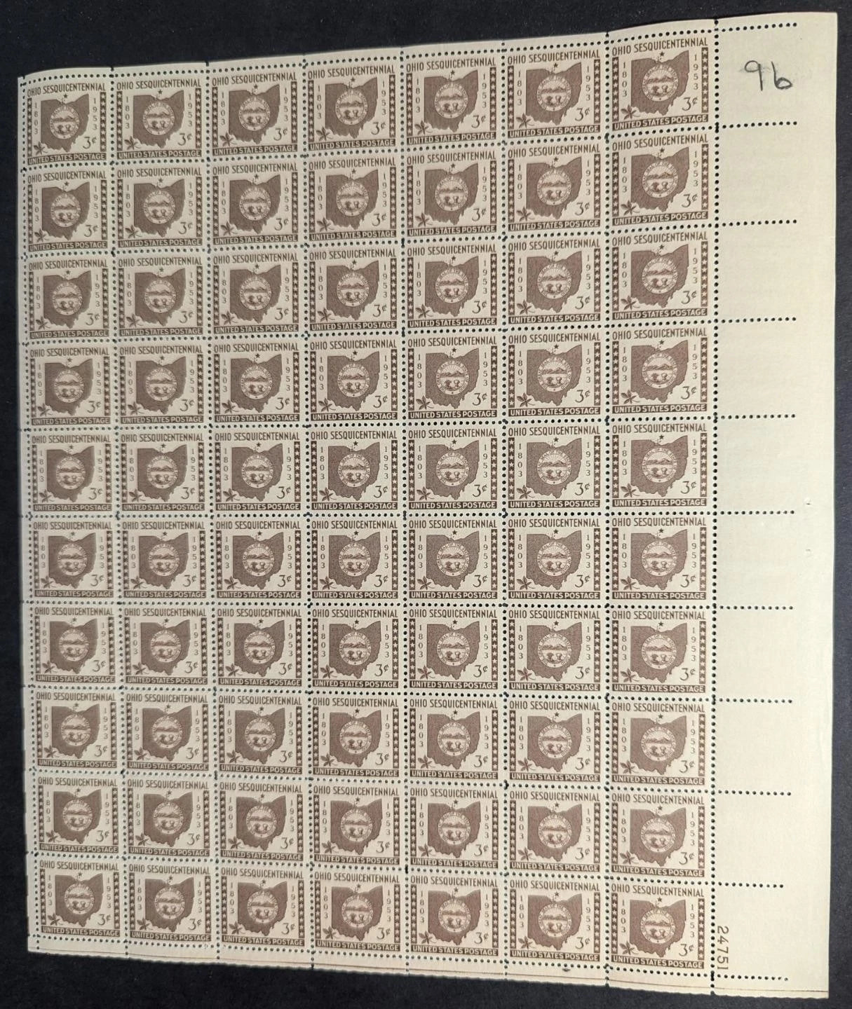 1953 USA Ohio 3c Sheet -Scott 1018 -MNH, Light Gum Disturbance - READ