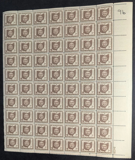 1953 USA Ohio 3c Sheet -Scott 1018 -MNH, Light Gum Disturbance - READ