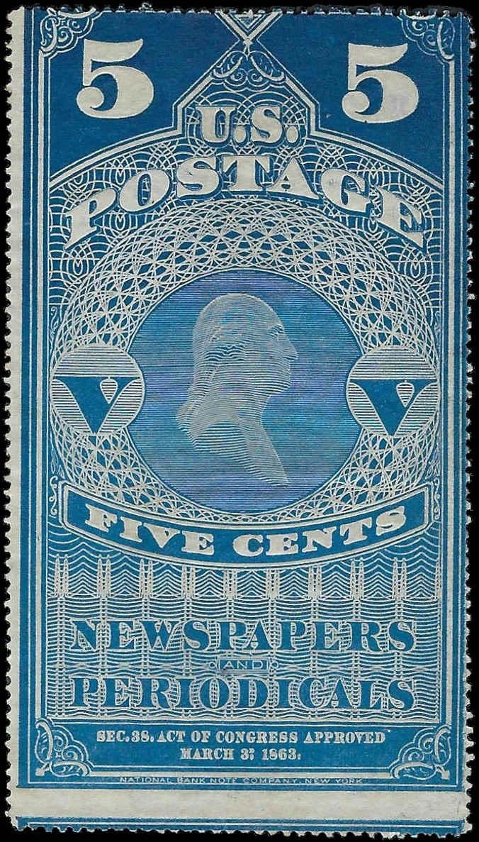 1875 USA - Scott PR5 - Newspaper Periodical Stamp - MH - No Sig Flaws -Fresh!