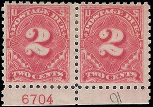 VEGAS - 1914 Postage Due 2c - Sc# J53 Plate Number Pair, MH, OG - Perf 10