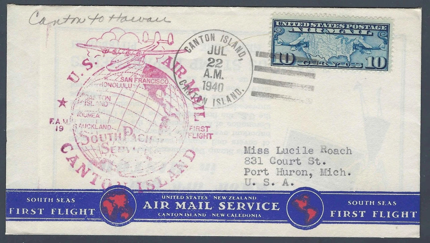 1940 FAM 19 First Flight Cover Canton Island to Hawaii C7 South Pacific