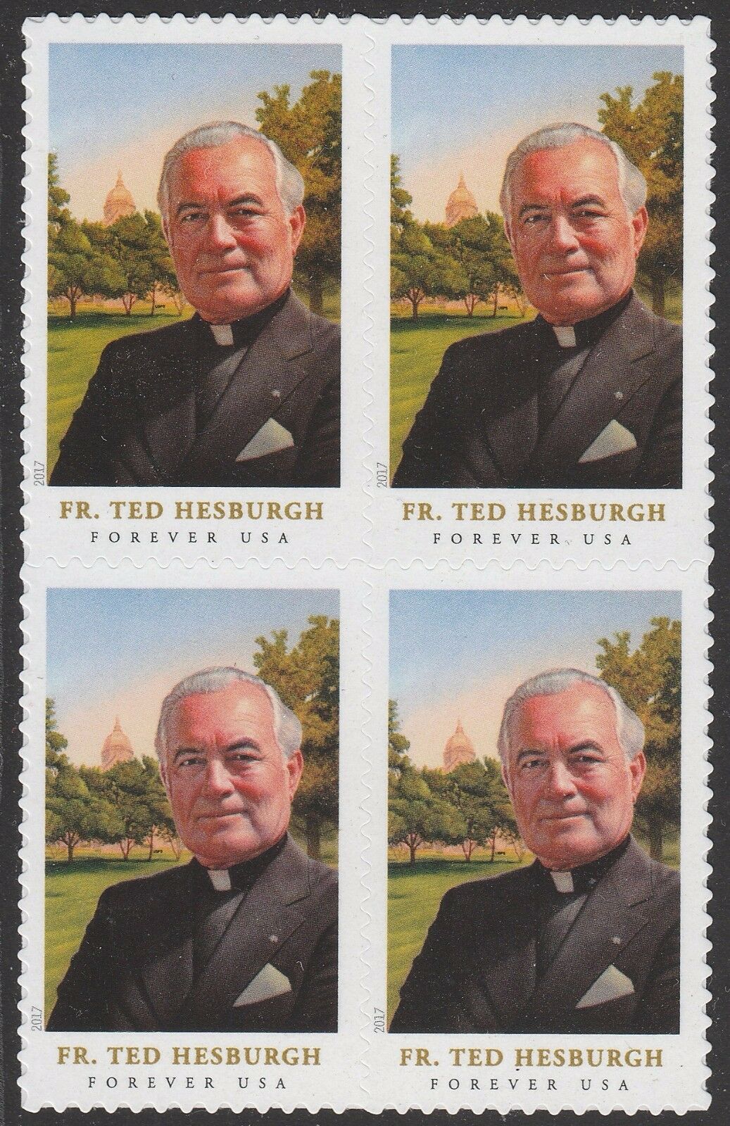 2017 Father Theodore Hesburgh Block of 4 Forever Stamps, Scott 5241, MNH, OG