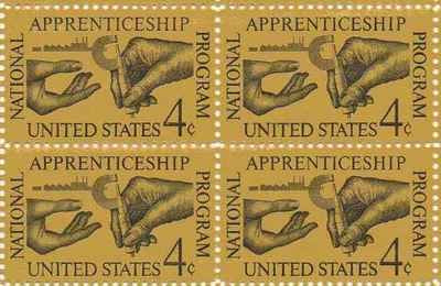 1962 Apprenticeship Program Block of 4 4c Postage Stamps, Scott 1201, MNH, OG