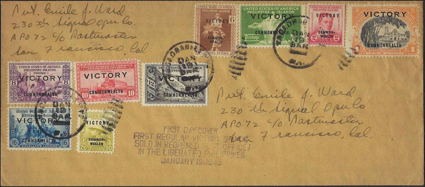 Philippines WWII Liberation Victory Stamps Reopened Post Office Jan 19 1945 FDC