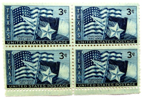 1945 Texas Statehood Block of 4 3c Postage Stamps, Scott 938, MNH, OG