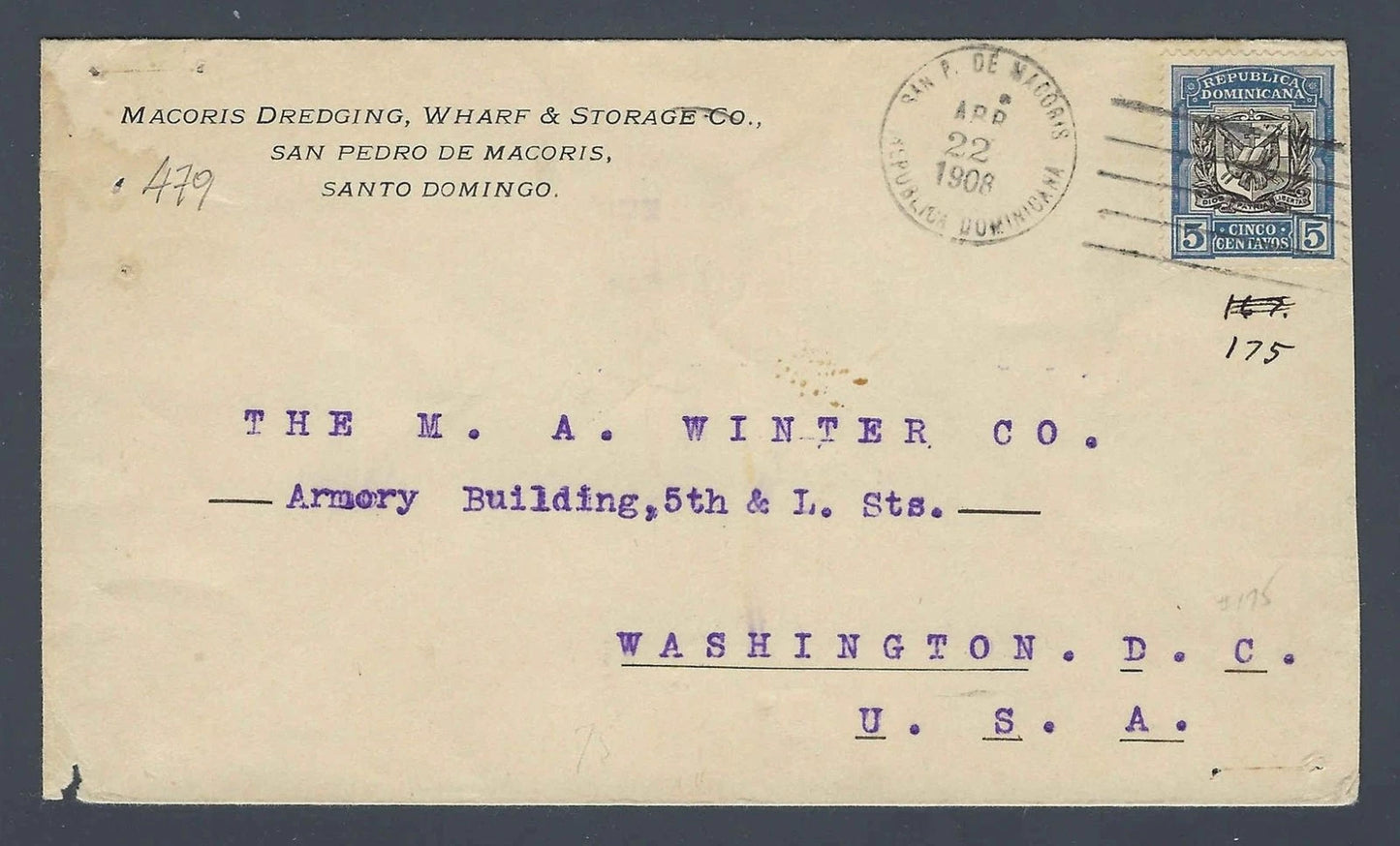 1908 Dominican Republic Cover Macoris Dredging Wharf Co to Washington DC USA