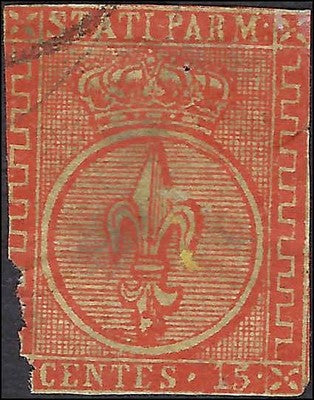VEGAS - c1854 Parma Italy 15c Stamp - Scott 7 - Used with Corner Flaw - Cat= $325