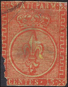 VEGAS - c1854 Parma Italy 15c Stamp - Sc# 7 - Used with Corner Flaw - Cat= $325