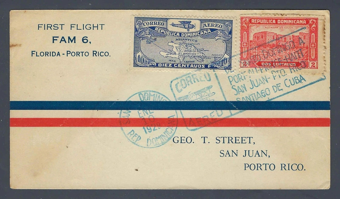 1929 FAM 6 First Flight Cover Santo Domingo Dominican Republic to San Juan PR