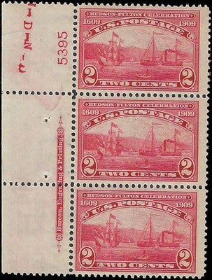 c1909 - #372 2c Hudson-Fulton Imprint Block of 3 - MNH, OG
