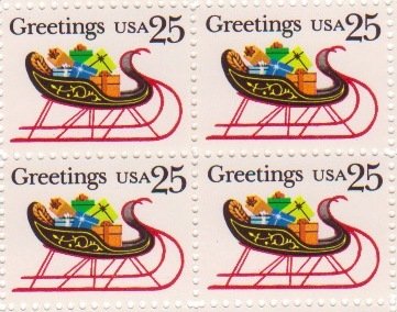 1989 Christmas Sleigh of Presents Block of 4 25c Postage Stamps, Sc#2428, MNH,OG