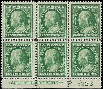 c1908 - Scott 331 - Star Imprint Block of 6 - MNH, Undisturbed OG - Cat= $160