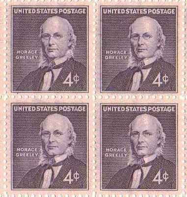 1961 Horace Greeley Block of 4 4c Postage Stamps, Scott 1177, MNH, OG