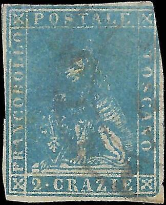 VEGAS - 1857-59 Tuscany Italy 2 Crazie Stamp -Scott 13 - Used - Sm Thin -Cat $160