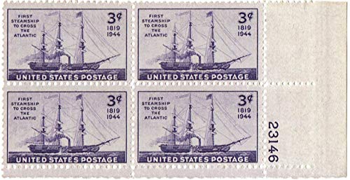 1944 First Steamship Cross Atlantic Plate Block of 4 4c Stamps, Scott923, MNH, G