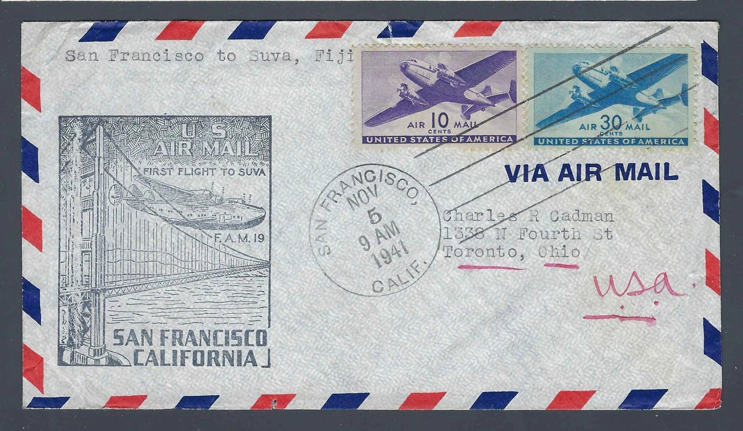 1941 FAM 19 First Flight Cover San Francisco to Suva Fiji C25 C30 Pre-Pearl