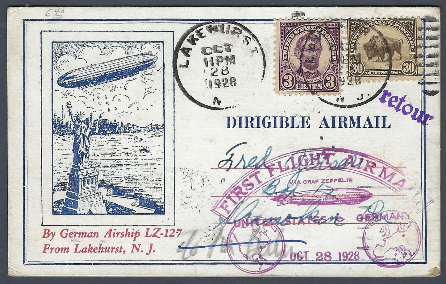1928 Graf Zeppelin LZ-127 Flight Cover 53c Postcard Rate Molly Pitcher Block