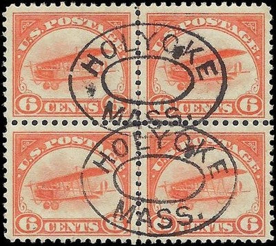 c1918 - #C1 6c Airmail Jenny Center Line Block of 4 - Used -Canceled Holyoke, MA