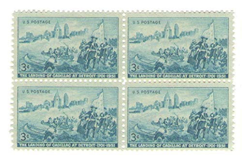 1951 Landing at Detroit Block of 4 3c Postage Stamps, Scott No 1000, MNH, OG