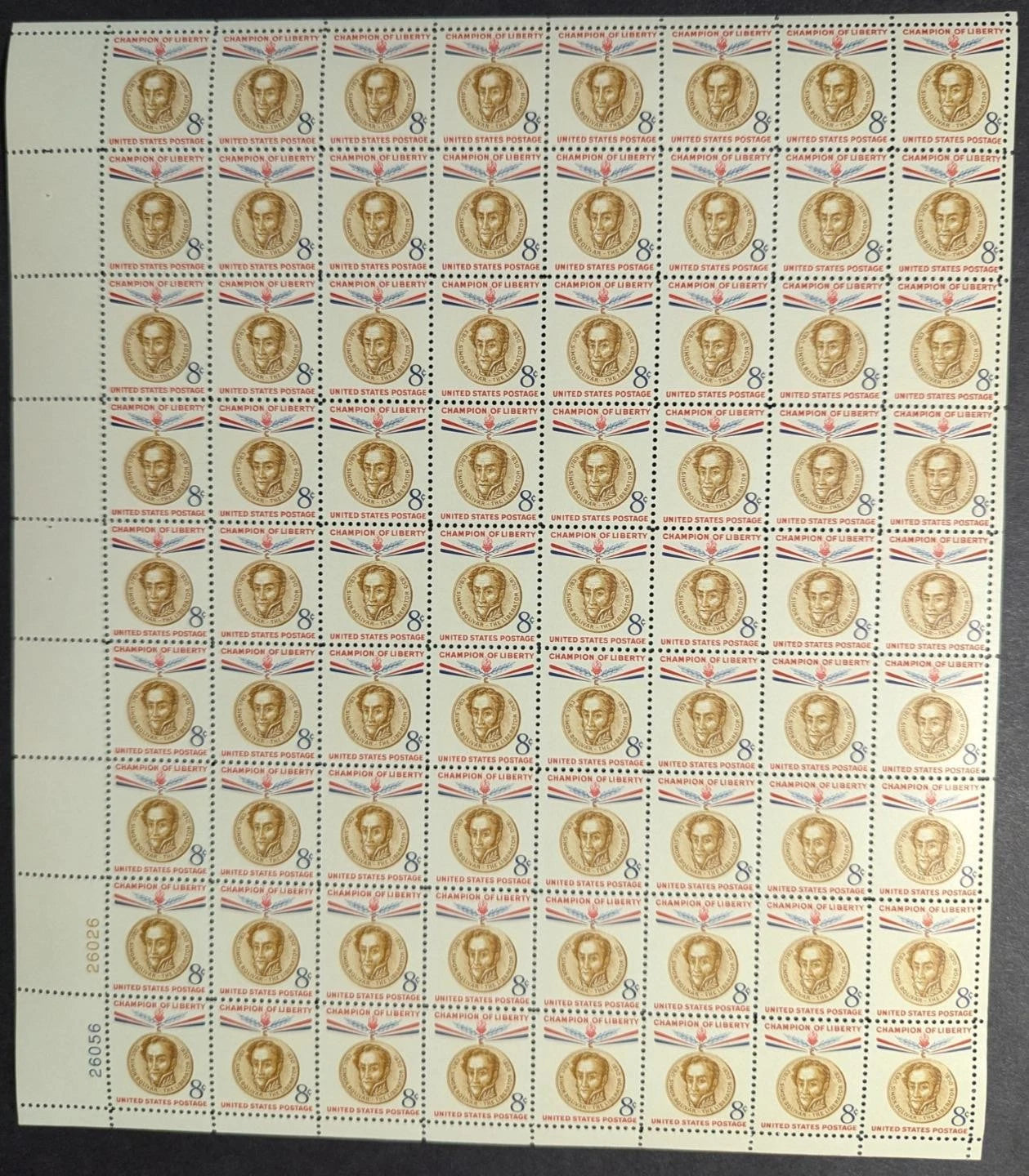 1958 USA 8c Bolivar Sheet -Scott 1111 -MNH, Undisturbed OG -No Sig Flaws