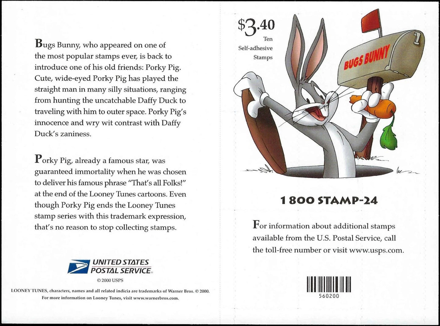 c2001 - Scott 3535 Porky Pig 10th Stamp Imperf Sheet - MNH - Cat= $50