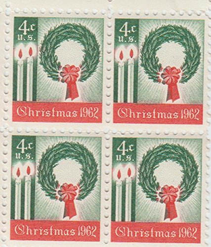1962 Christmas Wreath Block of 4 4c Postage Stamps, Scott 1205, MNH.OG