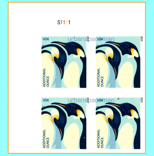 2015 Penguins Plate Block of 4 Addl Ounce (25c) Postage Stamps, Scott4989, MNH, OG
