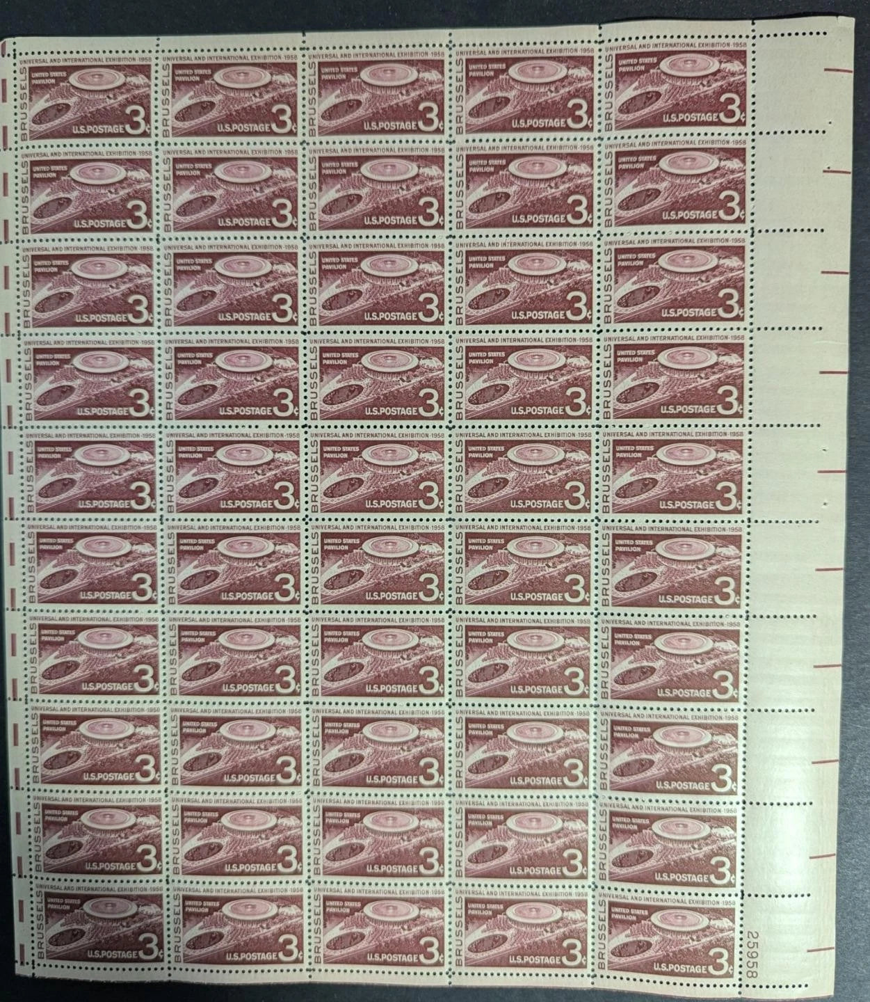 1958 USA 3c Brussels Expo Sheet -Scott 1104 -MNH, Undisturbed OG -No Sig Flaws
