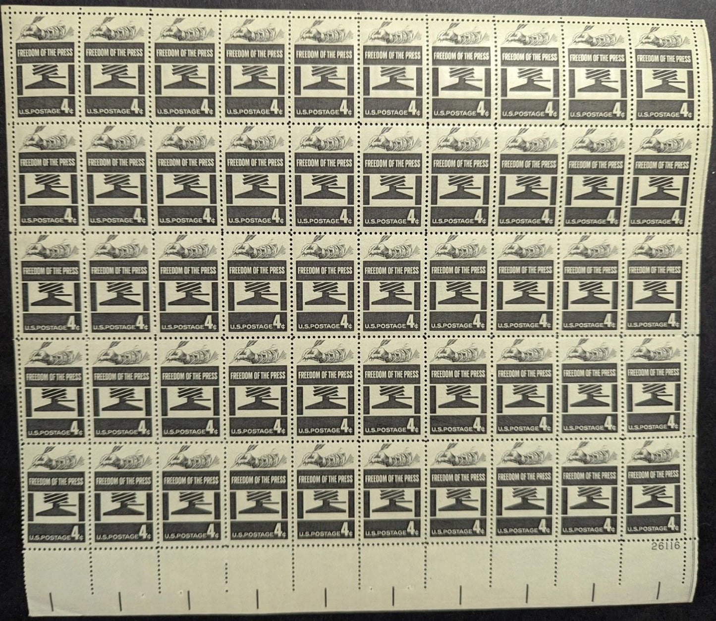 1958 USA 4c Frdm of Press Sheet -Scott 1119 -MNH, Undisturbed OG -No Sig Flaws