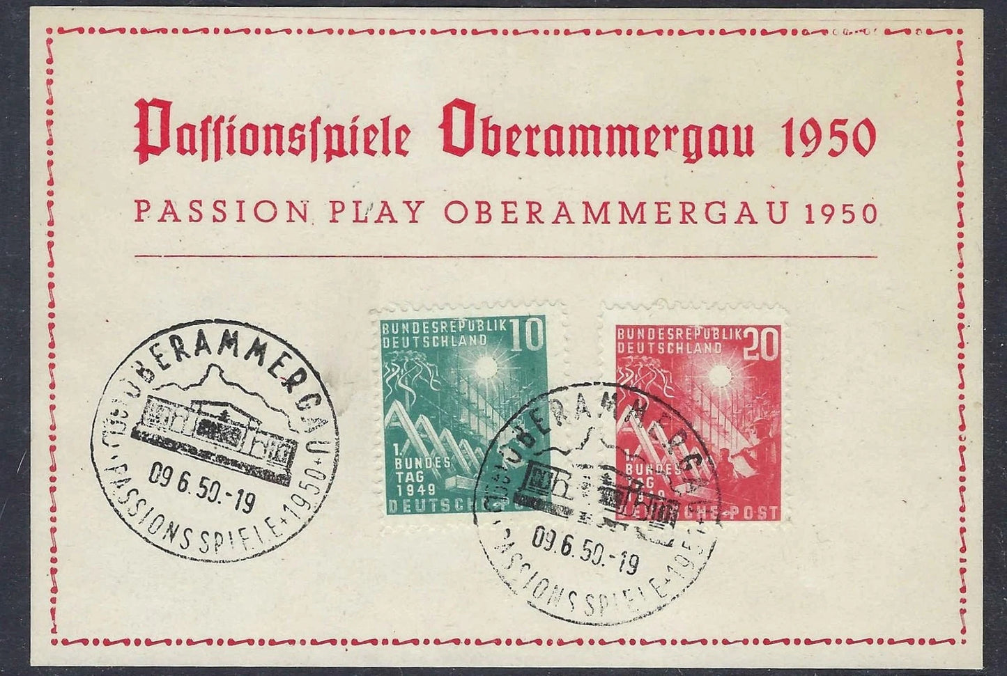 1950 Oberammergau Passion Play Souvenir Postcard Special Cancels Scott 665, 666