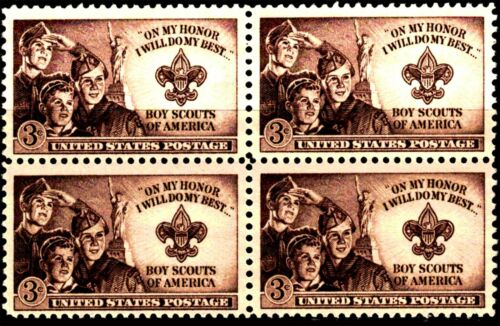 1950 Boy Scouts Block of 4 3c Postage Stamps, Scott995, MNH, OG