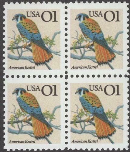 1991 American Kestrel Bird Block of 4 1c Postage Stamps, Scott 2476, MNH, OG