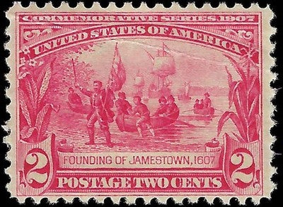 c1904 - #329 Jamestown 2c - Well Centered - MH, OG - Crease