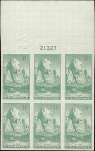 c1935 - #763 Zion National Park - Imperf Plate Block of 6 - MNH, No Gum