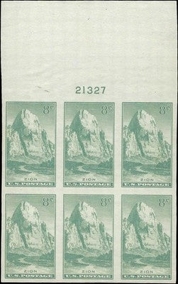 c1935 - #763 Zion National Park - Imperf Plate Block of 6 - MNH, No Gum