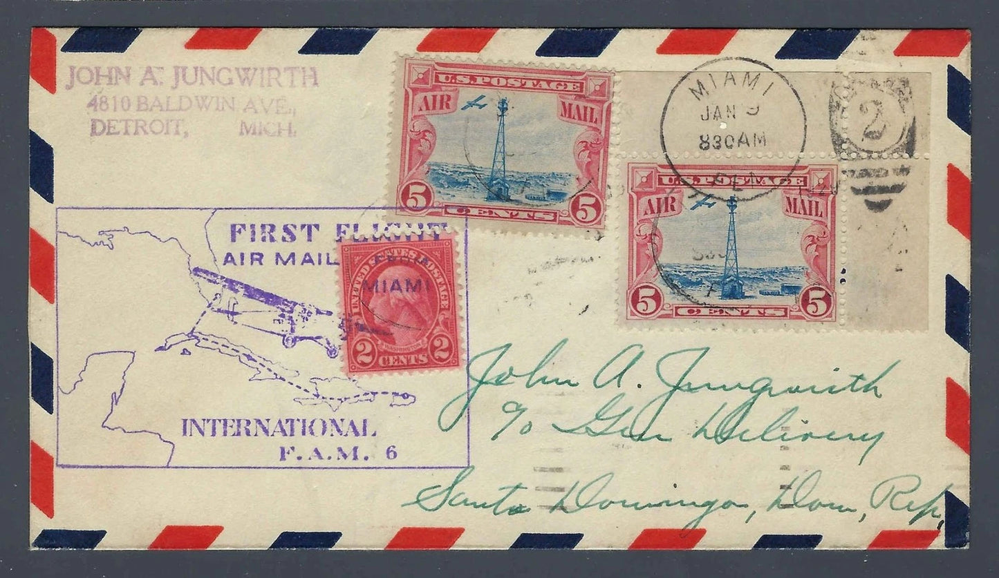 1929 FAM 6 Inaugural First Flight Cover Miami to Santo Domingo Dominican Rep