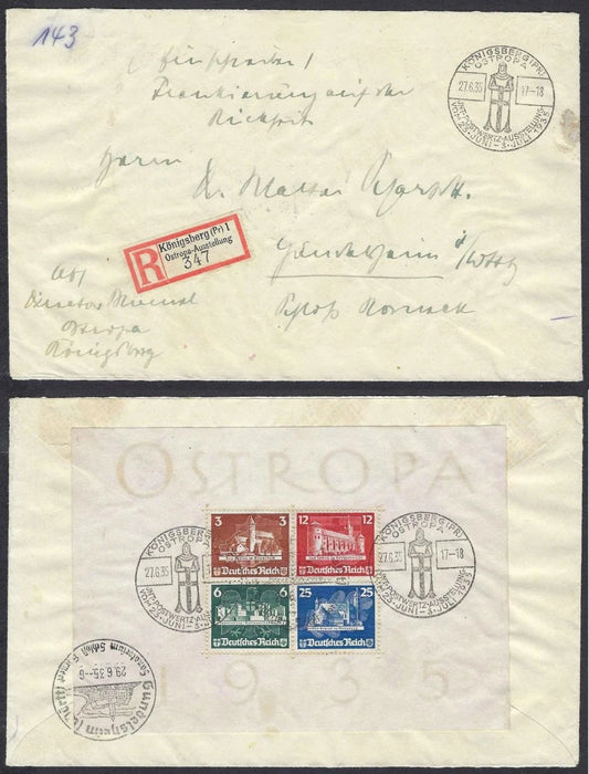 1935 Germany B68 OSTROPA Souvenir Sheet Tied on Registered Cover